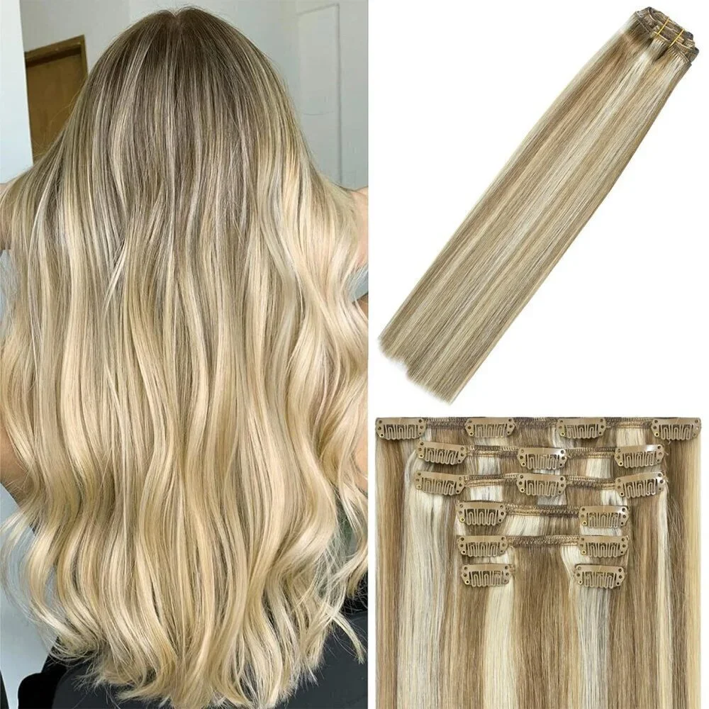 Clip in Hair Extensions Real Human Hair Balayage Mixed Bleach Blonde Hair Extens